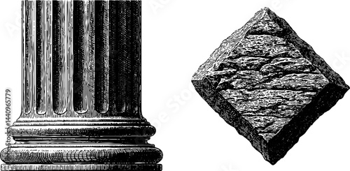 Engraved illustration of ancient keystone and classical column detail for architectural design