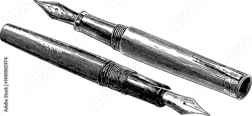 Vintage fountain pen and ink pen engraved illustration set for art and design projects