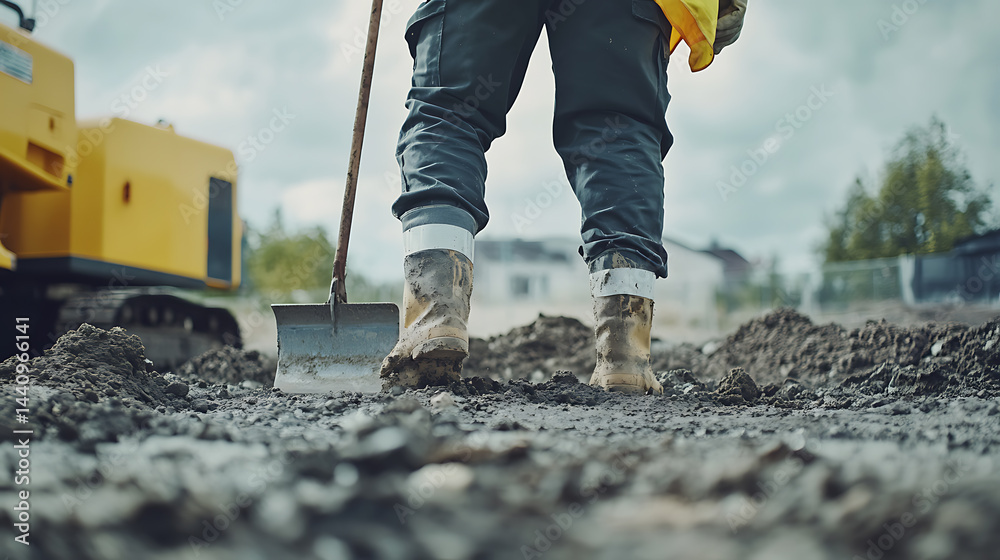 Construction Worker Using Shovel on Dirt