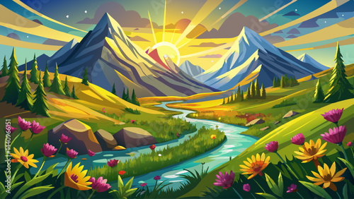 Golden sunlight spills over emerald meadows.
Bright blossoms sway beneath ancient mountain peaks.
Cool streams weave silver ribbons through the grass.
Nature smiles in its full springtime glory.