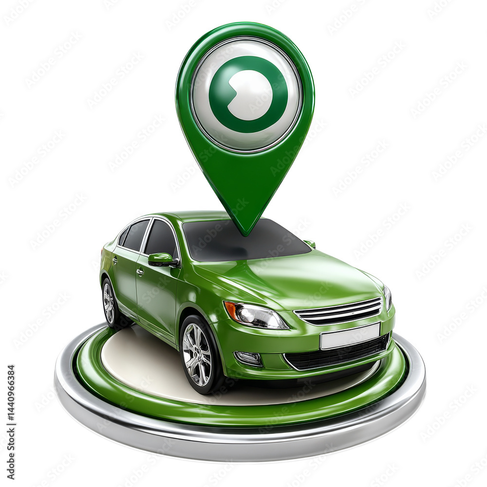 Green car with location pin symbolizing navigation and driving assistance technologies