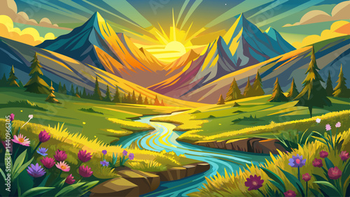 Golden sunlight spills over emerald meadows.
Bright blossoms sway beneath ancient mountain peaks.
Cool streams weave silver ribbons through the grass.
Nature smiles in its full springtime glory.