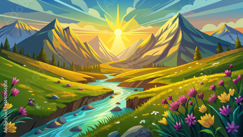 Golden sunlight spills over emerald meadows.
Bright blossoms sway beneath ancient mountain peaks.
Cool streams weave silver ribbons through the grass.
Nature smiles in its full springtime glory.