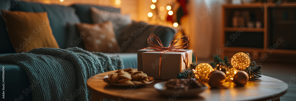A cozy living room with copper wire lights, gifts piled near the couch, snacks on the table