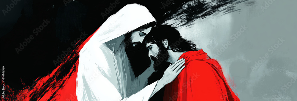 A minimalist, illustrative style with soft, muted tones. Jesus, dressed in white with a red robe, gently cleans the face of a person shrouded in darkness and soot