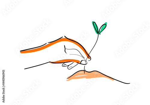 Minimalist line art illustrations of hands planting small seedlings.