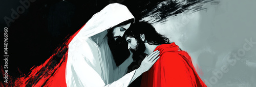 Obraz na płótnie A minimalist, illustrative style with soft, muted tones. Jesus, dressed in white with a red robe, gently cleans the face of a person shrouded in darkness and soot w salonie