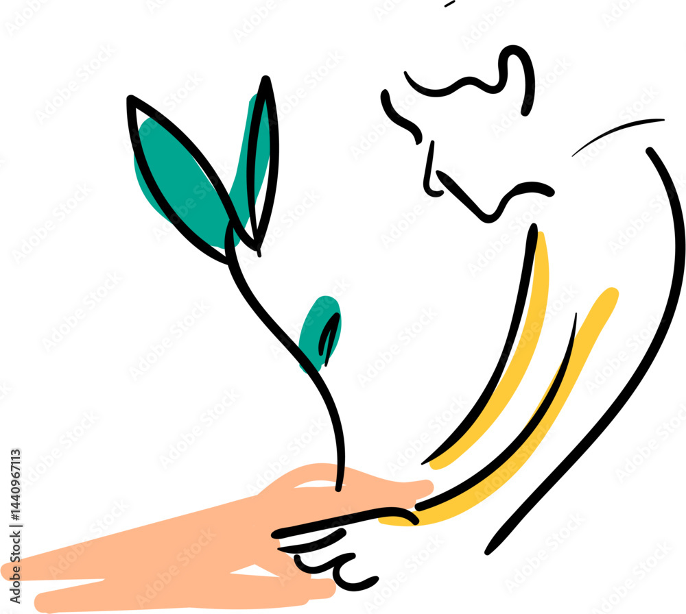 Fototapeta premium Minimalist line art illustrations of hands planting small seedlings.