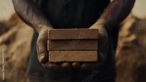Obraz na płótnie Hands Holding Stacked Clay Bricks w salonie