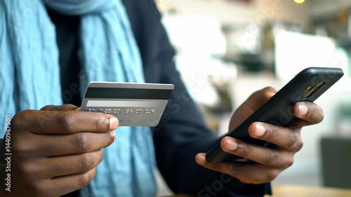 Person Using Phone with Card for Online Payment or Banking Easy Transaction