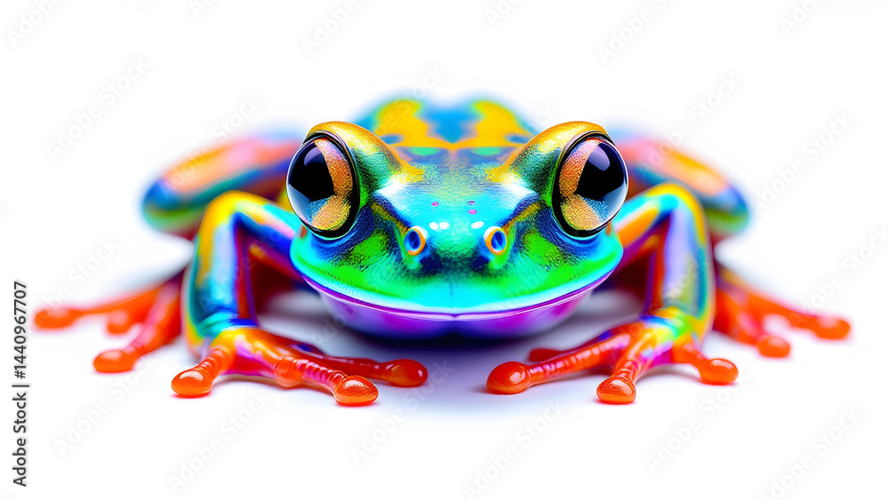 Fototapeta premium Stunningly colorful futuristic frog posed close up with vibrant blue, green, yellow, and orange hues white background, showing detailed eyes