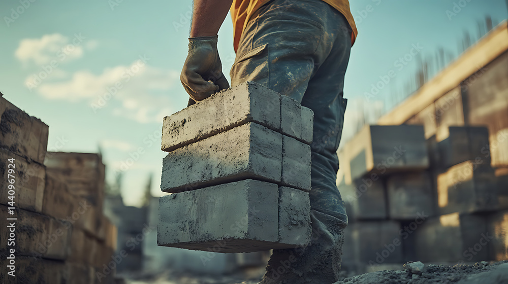 Construction Worker Carrying Concrete Blocks