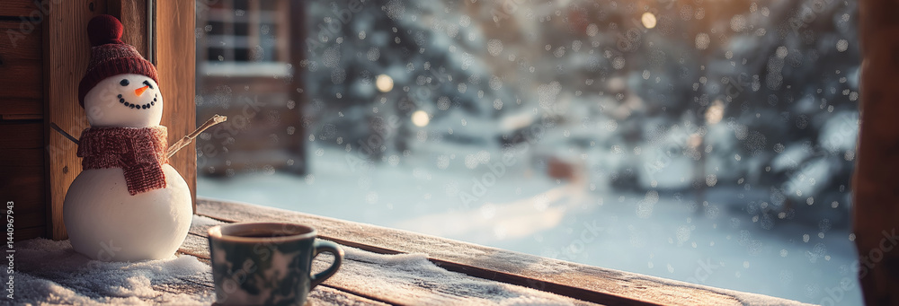 look from window of wooden cottage to the garden where stand snowman, in interior focus on table with cup of coffee, big windows