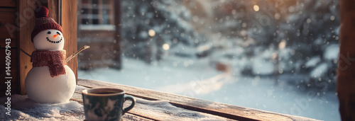 look from window of wooden cottage to the garden where stand snowman, in interior focus on table with cup of coffee, big windows
