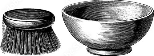 Vintage engraving of face scrub brush and cleansing bowl for beauty and spa design
