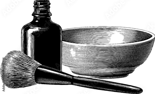 Engraved illustration of face scrub set with brush and bottle for skincare design