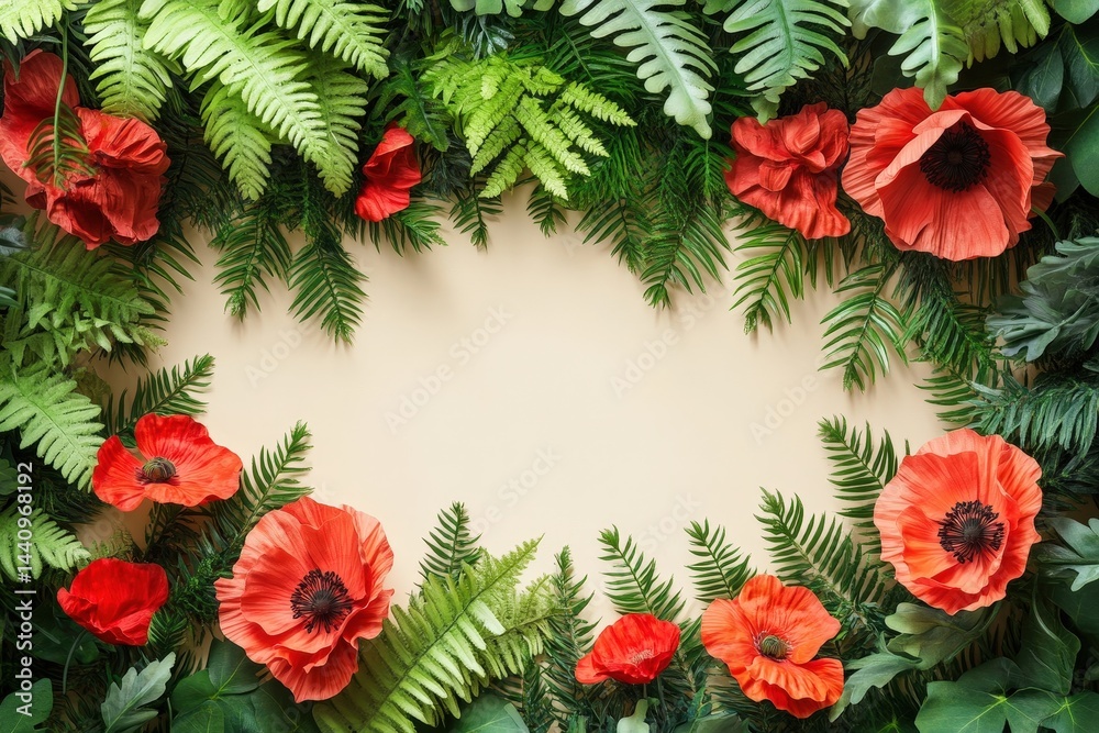 Floral arrangement frame of greenery and poppies on light beige background. Floral arrangement frame of greenery and poppies on light beige background.