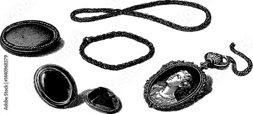 Elegant vintage jewelry collection featuring anklet and locket engravings