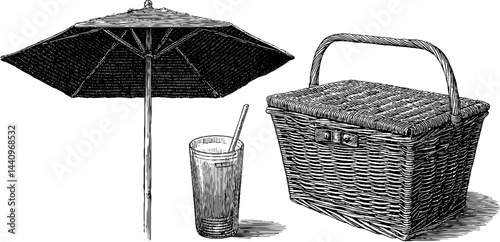 Engraved picnic set with basket, sun, and parasol design for summer gatherings
