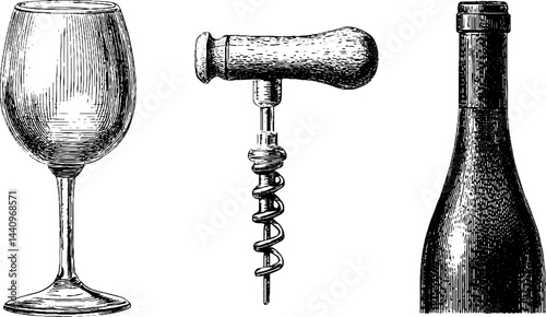 Vintage engraved wine collection featuring glass, corkscrew, and bottle for bar decor