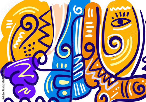 Abstract cubism-style illustration featuring expressive human faces, vibrant colors, bold lines, and playful geometric compositions.