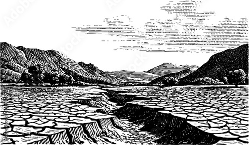 Engraved illustration of drought landscape with cracked earth and mountainous horizon