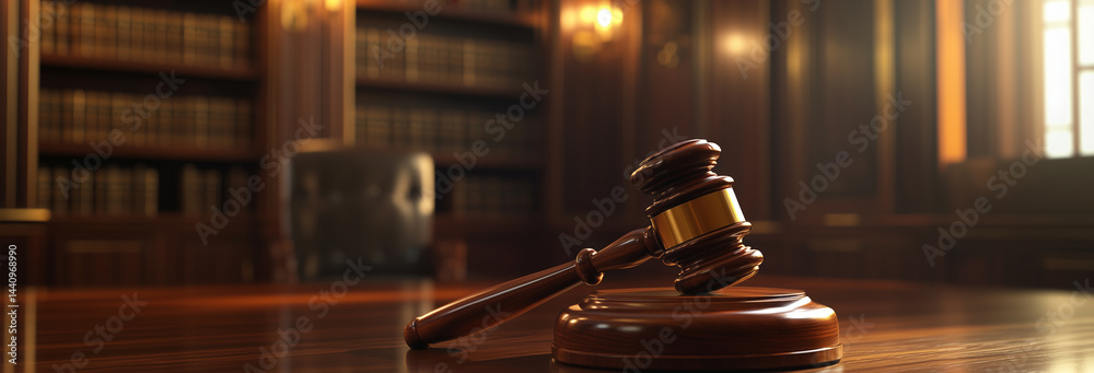 A judge's gavel resting prominently on a polished wooden table in a professional courtroom setting.