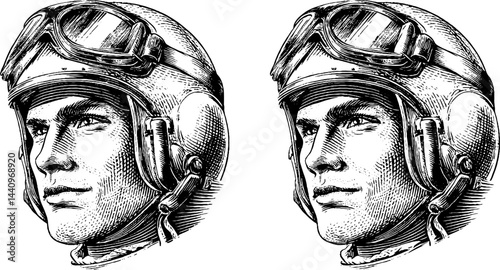 Vintage pilot portrait engraving set with bold lines for design projects