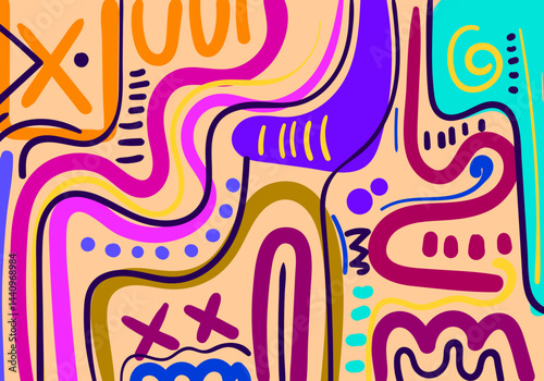 Colorful abstract illustration featuring dynamic tribal patterns