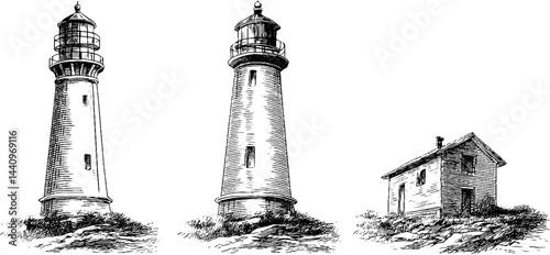 Vintage engraved illustration set featuring lighthouse keeper and coastal structures