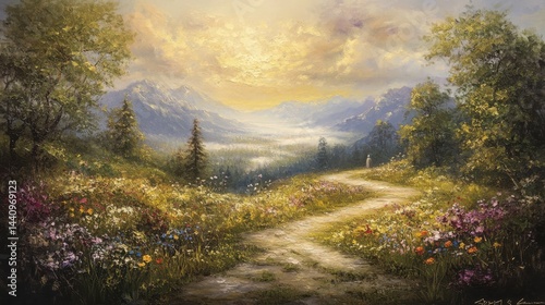 Fototapeta Naklejka Na Ścianę i Meble -  An opulent impasto oil painting in the baroque style of Dutch Golden Age still life, featuring a majestic a serene landscape with a winding road disappearing into misty mountains.