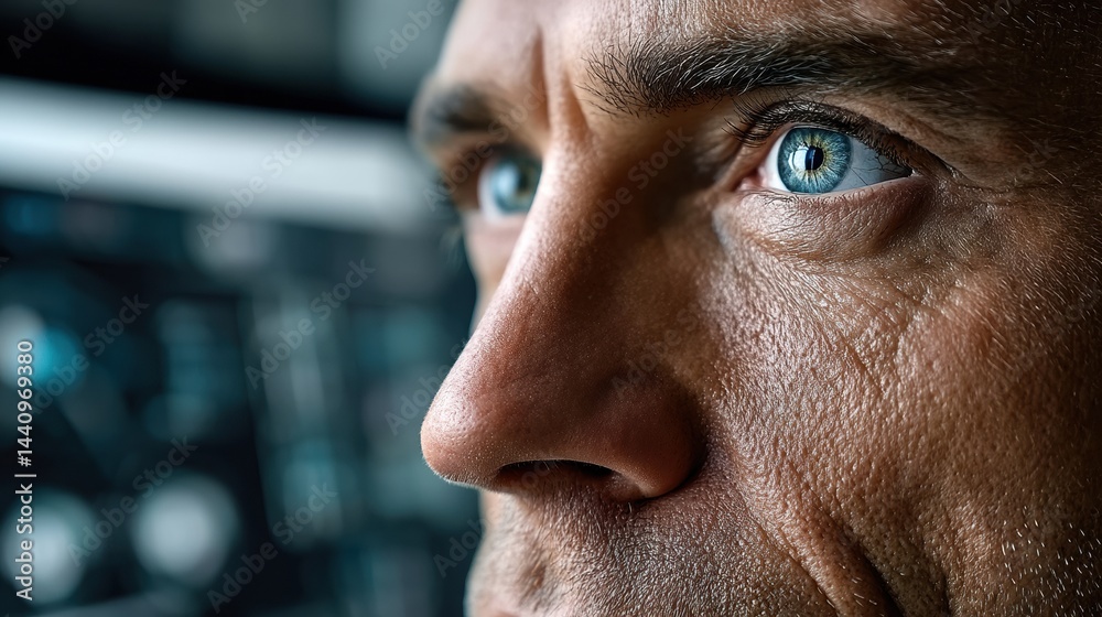 Close-up of mature man's face with focus on expressive blue eyes