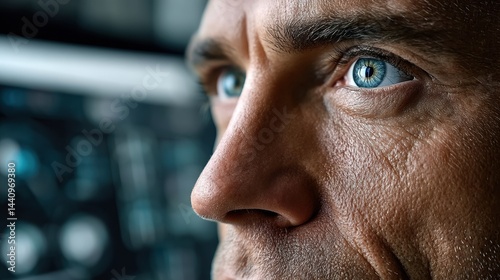 Close-up of mature man's face with focus on expressive blue eyes
