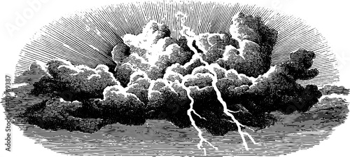 Dramatic engraved illustration of a stormy sky with lightning bolts