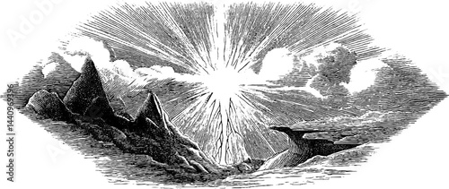 Engraved artistic illustration of aurora storm with dramatic landscape and clouds
