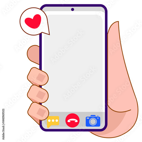 Mobile Phone Line click likes, comments and loves Icon photo and video. Hand holding smartphone.