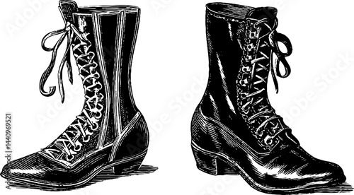 Vintage fashion engraving of victorian corset and petticoat set with lace-up boots