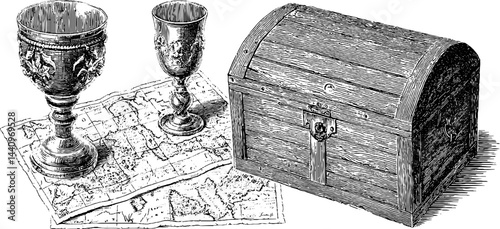 Vintage treasure map with goblets and chest for pirate adventure design