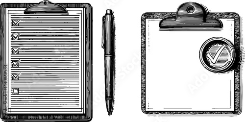 Illustration of engraved checklist on clipboard with pen and document. Vintage design featuring detailed checkmark