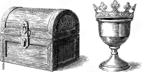 Vintage engraved illustrations of treasure chest and crowned goblet for design and decoration