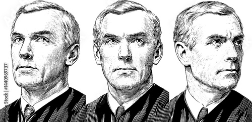 Engraved illustration of judge portraits with black bold lines for legal-themed designs