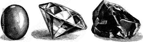 Vintage engraved illustration of opal and topaz gems for jewelry design