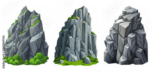 Mountain peak grey stone set. Big rock cartoon cliff. Cliff game objects. Boulder, stones, rocks, mountain peak relief. 2d rock asset. Mountain grey stones. Vector grey rock stone, isolated on white