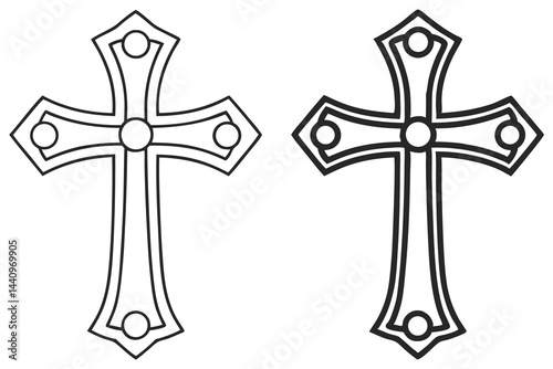 Two Line Art Christian Crosses with Circle Accents on a White Background