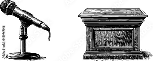 Engraved illustration of microphone and podium for conference design