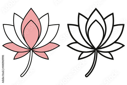 Two lotus flowers, one pink and white, the other black outline on white background