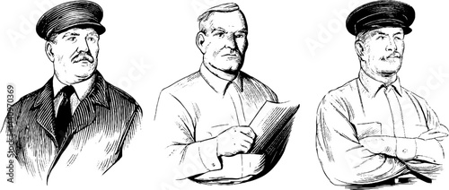 Engraved portraits of probation officers in historical attire for design and educational use