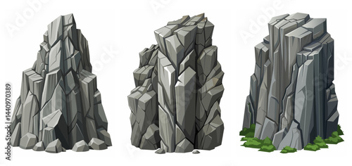 Mountain peak grey stone set. Big rock cartoon cliff. Cliff game objects. Boulder, stones, rocks, mountain peak relief. 2d rock asset. Mountain grey stones. Vector grey rock stone, isolated on white