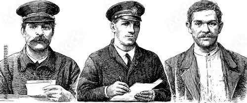 Engraved illustrations of probation officers in historical uniforms for educational use