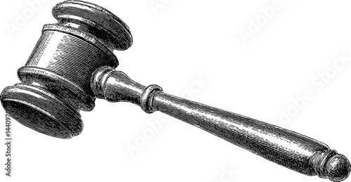Vintage engraved gavel illustration in black lines for legal design projects